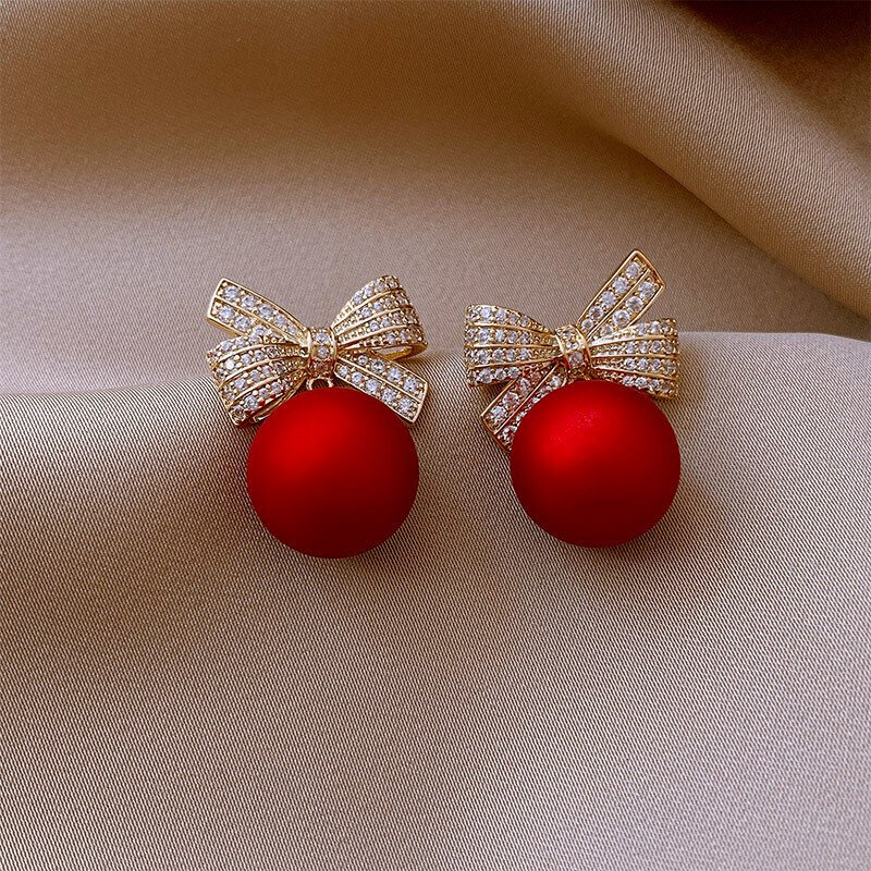 Bow red pearl earrings