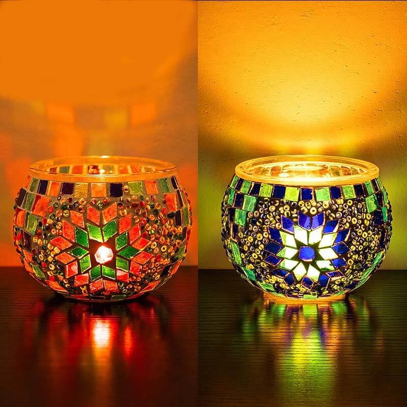 Mosaic Glass Candle Holder, Romantic Handmade Glass Light Candle Shade for Home Holiday Decoration Wedding Party