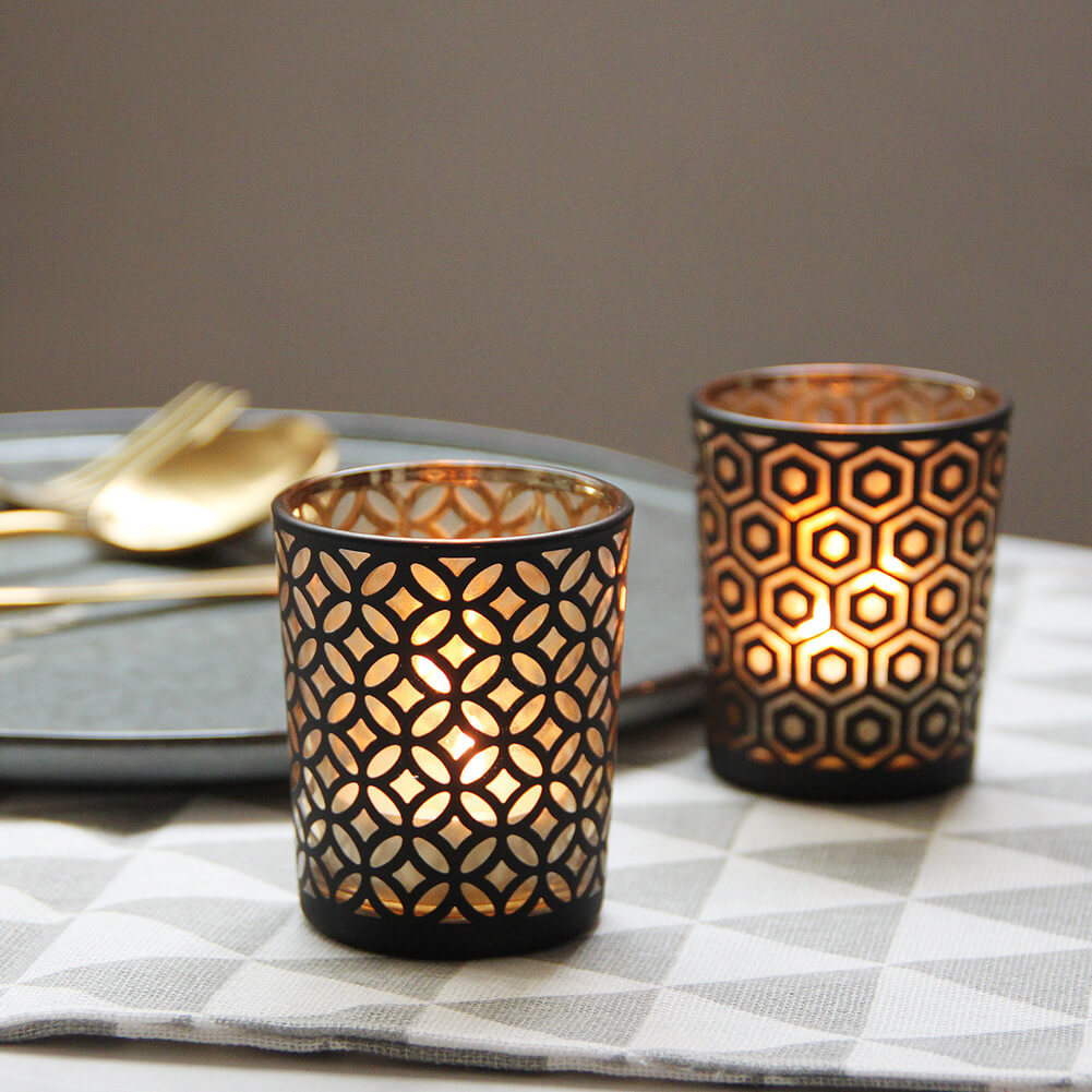 Simple Modern Black Gold Geometric Pattern Glass Candle Holder