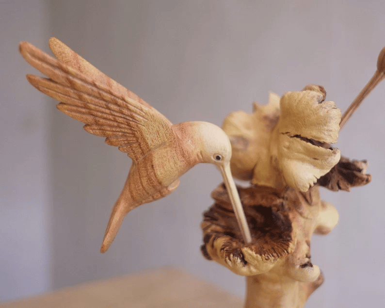 Wooden Hummingbird Feeding on a Flower, Handmade Sculpture