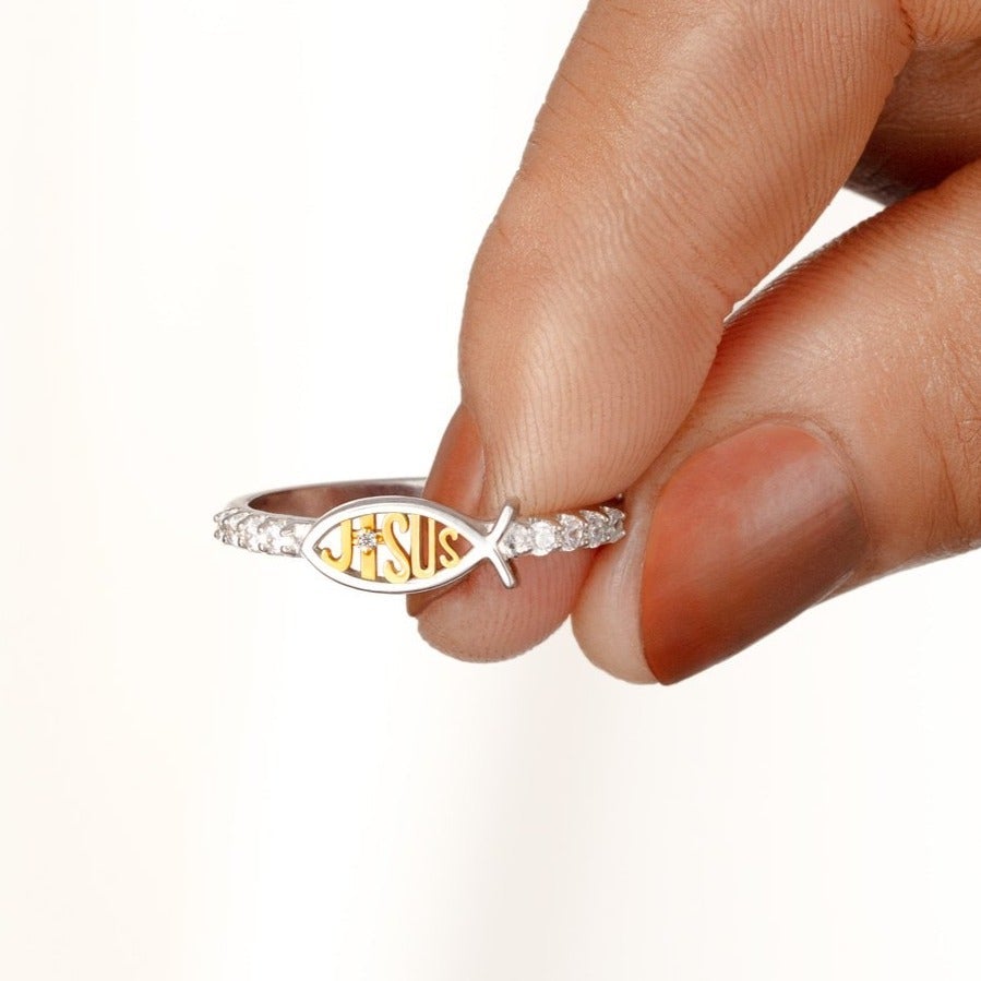 She Prays Works & Has Faith Ichthus Jesus Fish Ring