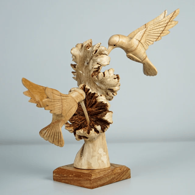 Wooden Hummingbird Feeding on a Flower, Handmade Sculpture