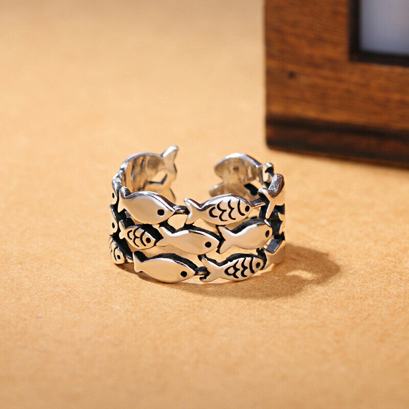 S925 sterling silver Fish Group ring