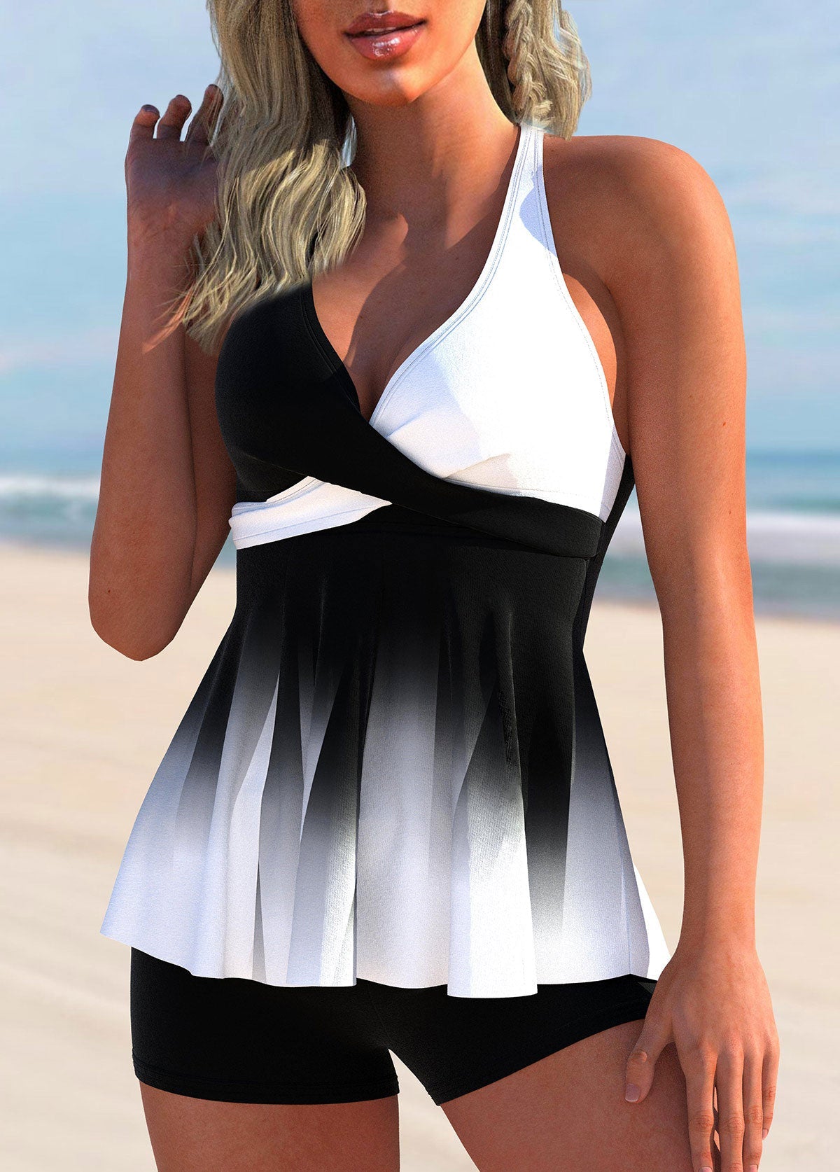 Ombre Color Block Cross Front Tankini Top