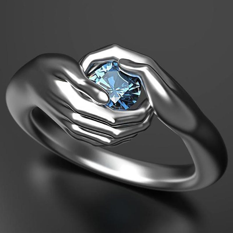 2022 New Hands Embracing Blue Gemstone Ladies Ring