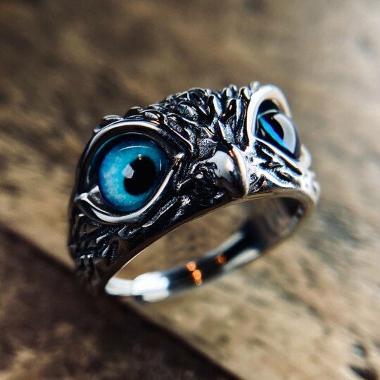 925 Sterling Silver Demon Eye Owl Ring Adjustable