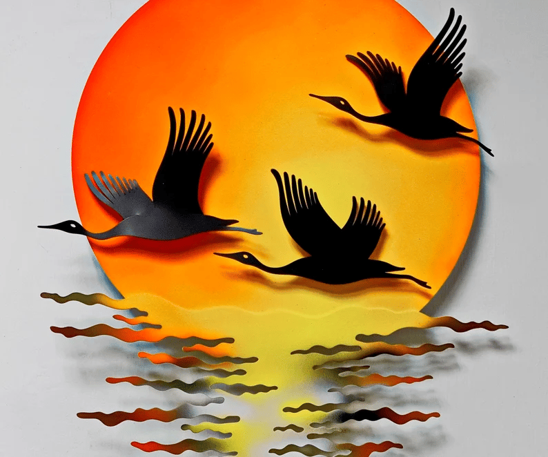 3D Birds at Sunset on Water Wall Sculpture