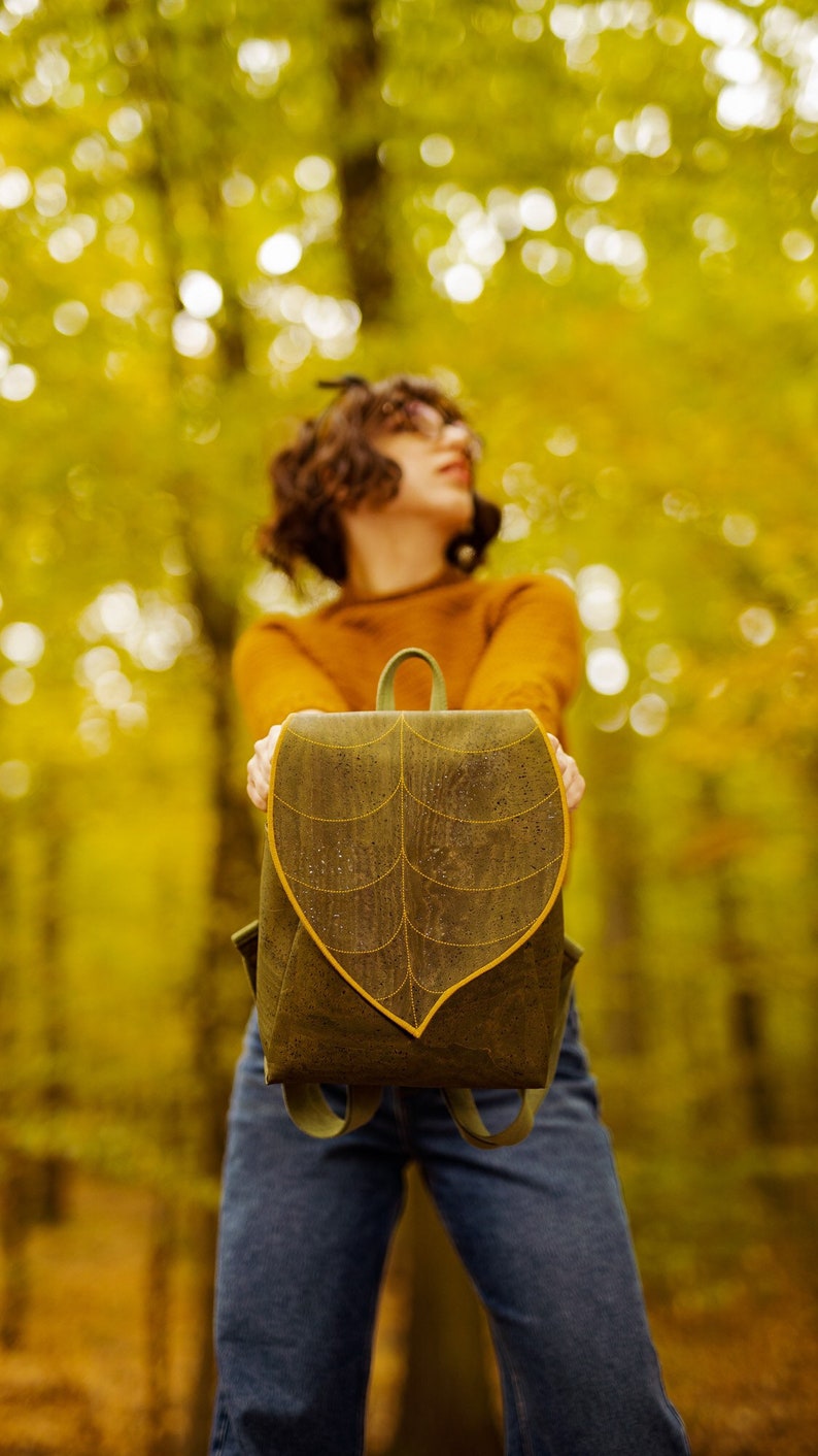 SPRING SALE 45% OFF - Green Cork Leather Leaf Backpack