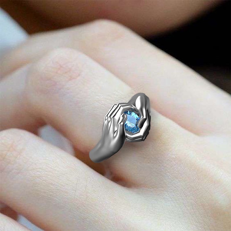 2022 New Hands Embracing Blue Gemstone Ladies Ring