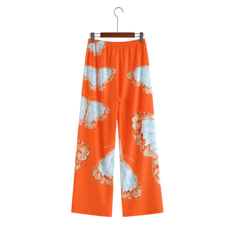 Printed Side Slit Chiffon Beach Cover Up and Elastic Waist Pants