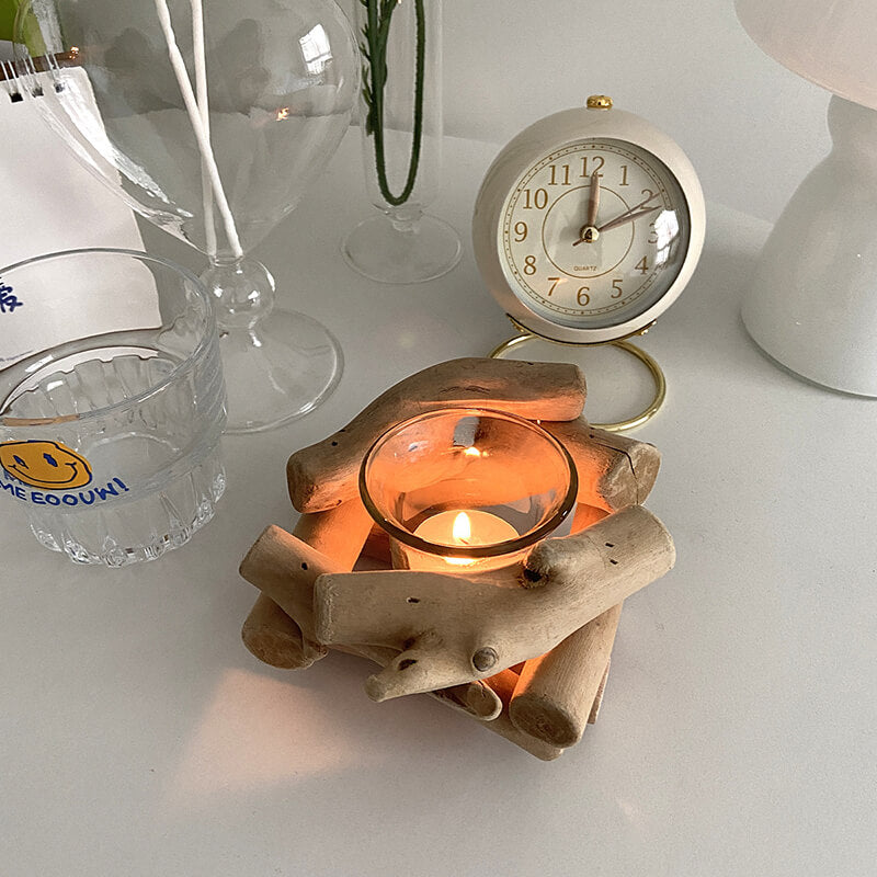 Wooden Tea Light Candle Holder with Glass Cup Pastoral Minimalist Style Modern Table Decoration