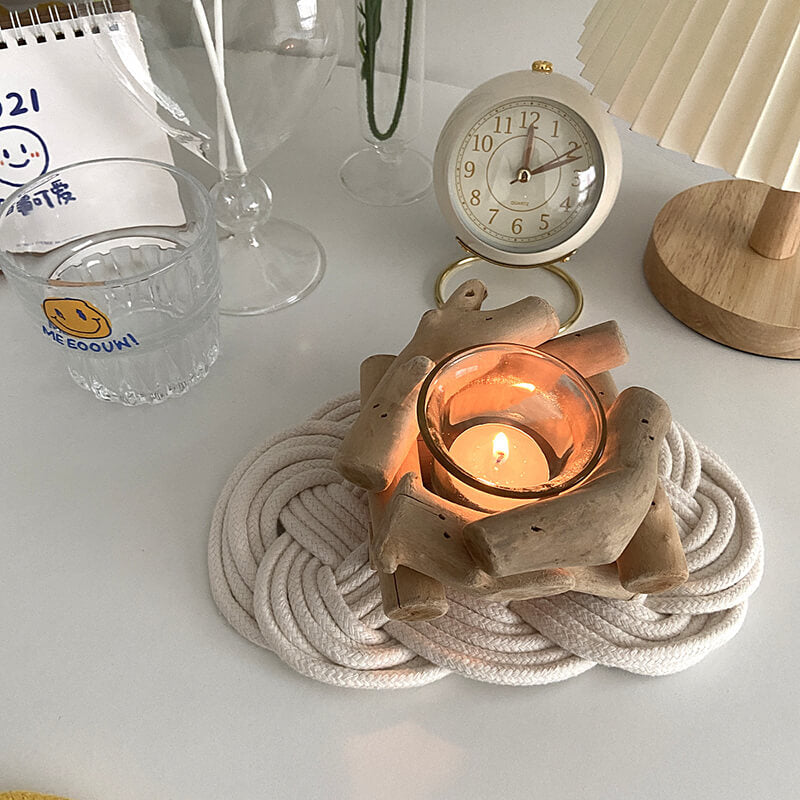 Wooden Tea Light Candle Holder with Glass Cup Pastoral Minimalist Style Modern Table Decoration