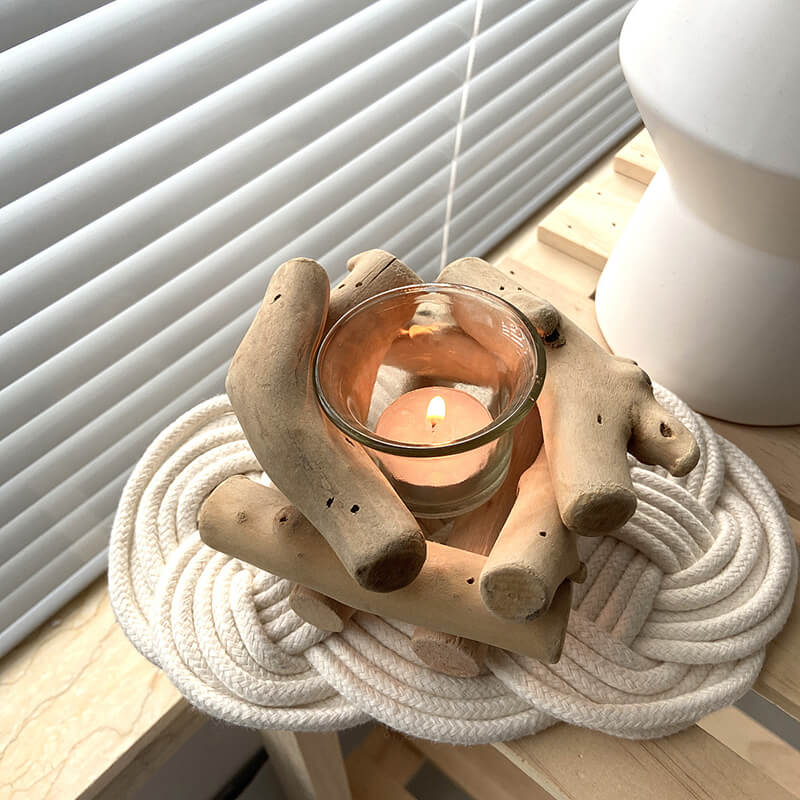 Wooden Tea Light Candle Holder with Glass Cup Pastoral Minimalist Style Modern Table Decoration