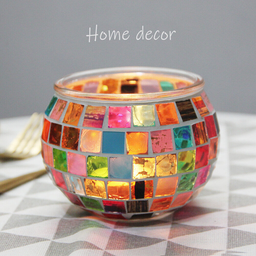 2 Pieces Handmade Rainbow Mosaic Glass Candle Holders Romantic Candlelight Decorative Ornaments Birthday Gifts