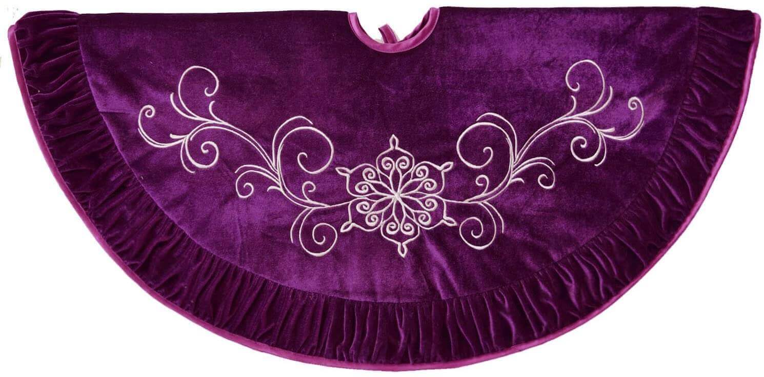 Purple Velvet Flower Embroidered Center, Pleat Luxurious Velvet Border,Chritmas Tree Skirt,Christmas Holiday Party Decorations