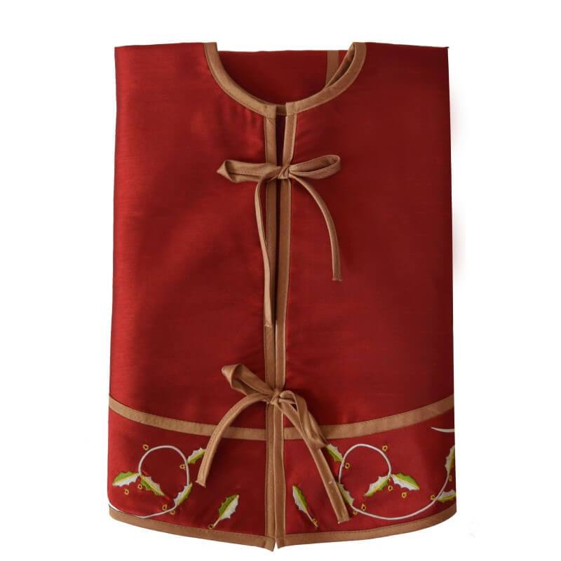 Wine Red Christmas Tree Skirt with Holly Leaf Embroidery and Exquisite Gold Trim Design Christmas Decorations