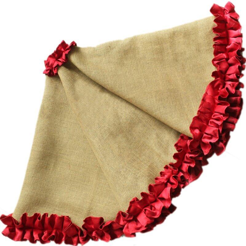 Retro Natural Khaki Imitation Burlap Christmas Tree Skirt with Red Ruffle Design Christmas Decorations