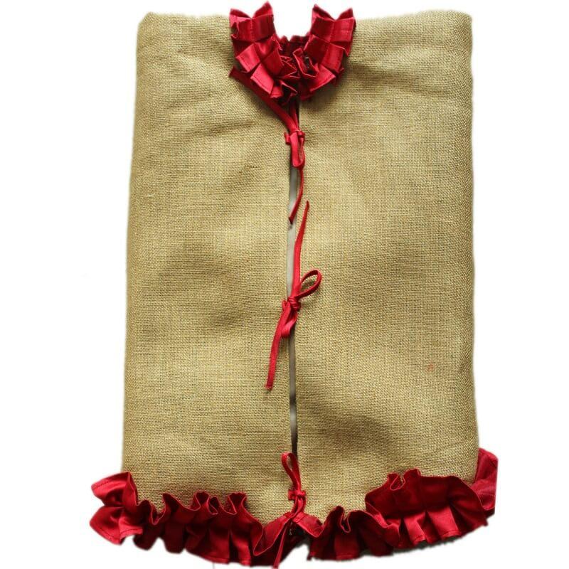 Retro Natural Khaki Imitation Burlap Christmas Tree Skirt with Red Ruffle Design Christmas Decorations