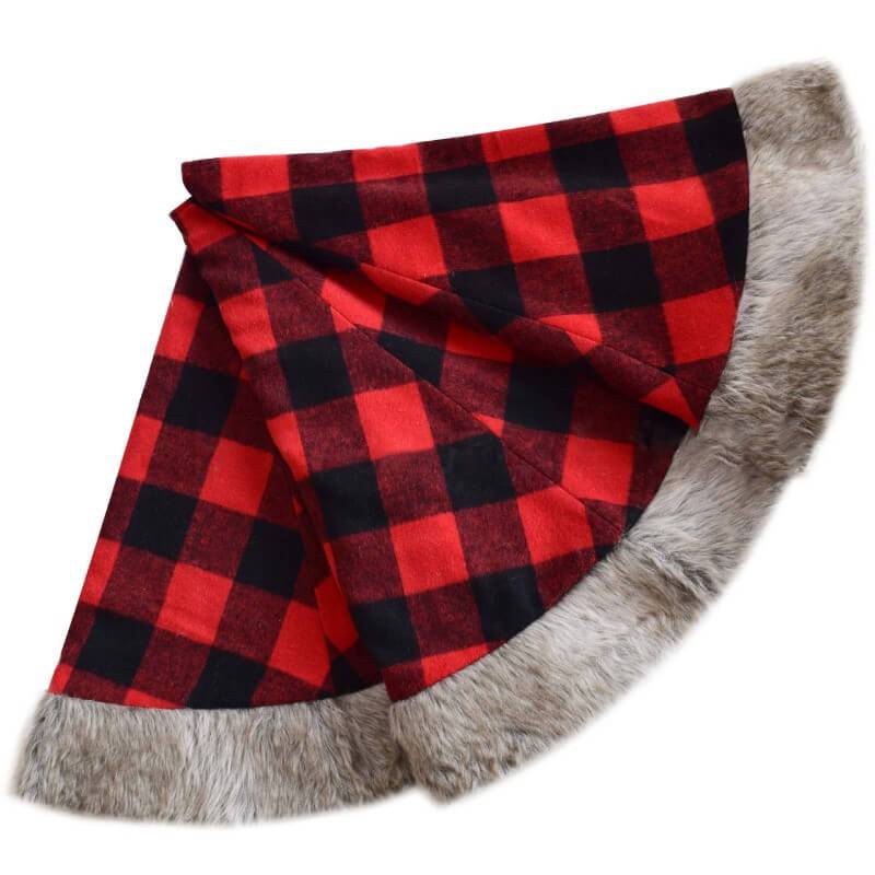 Red and Black Plaid Cotton Christmas Tree Skirt with Grey Short Plush Border Christmas Decorations