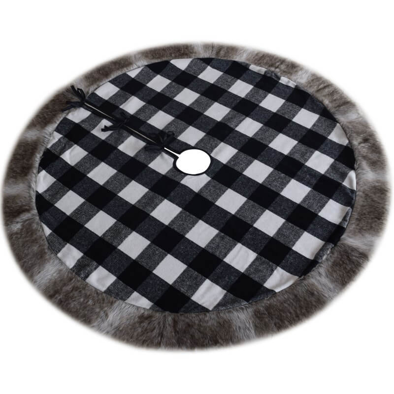 Red and Black Plaid Cotton Christmas Tree Skirt with Grey Short Plush Border Christmas Decorations