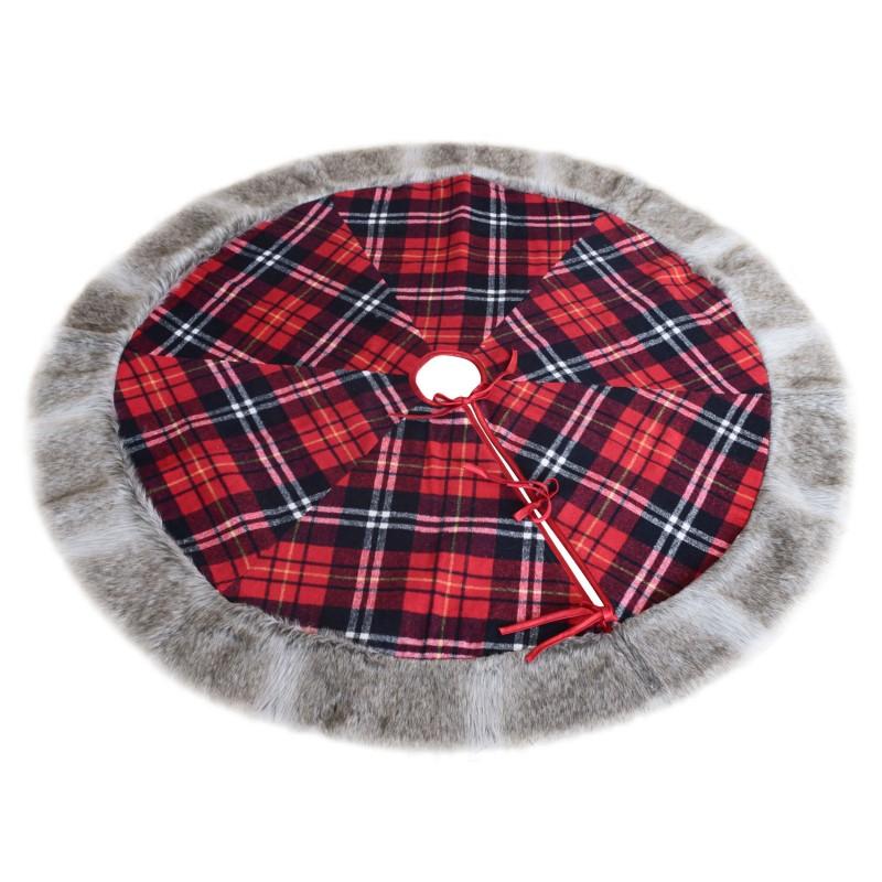 Red Plaid Cotton Christmas Tree Skirt with Grey Short Plush Border Christmas Decorations