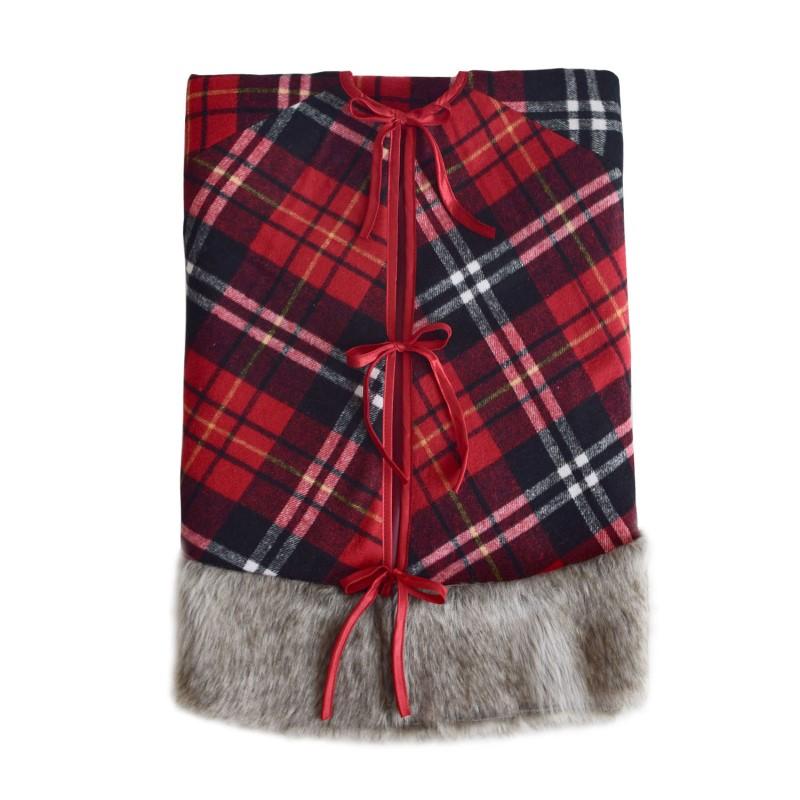 Red Plaid Cotton Christmas Tree Skirt with Grey Short Plush Border Christmas Decorations