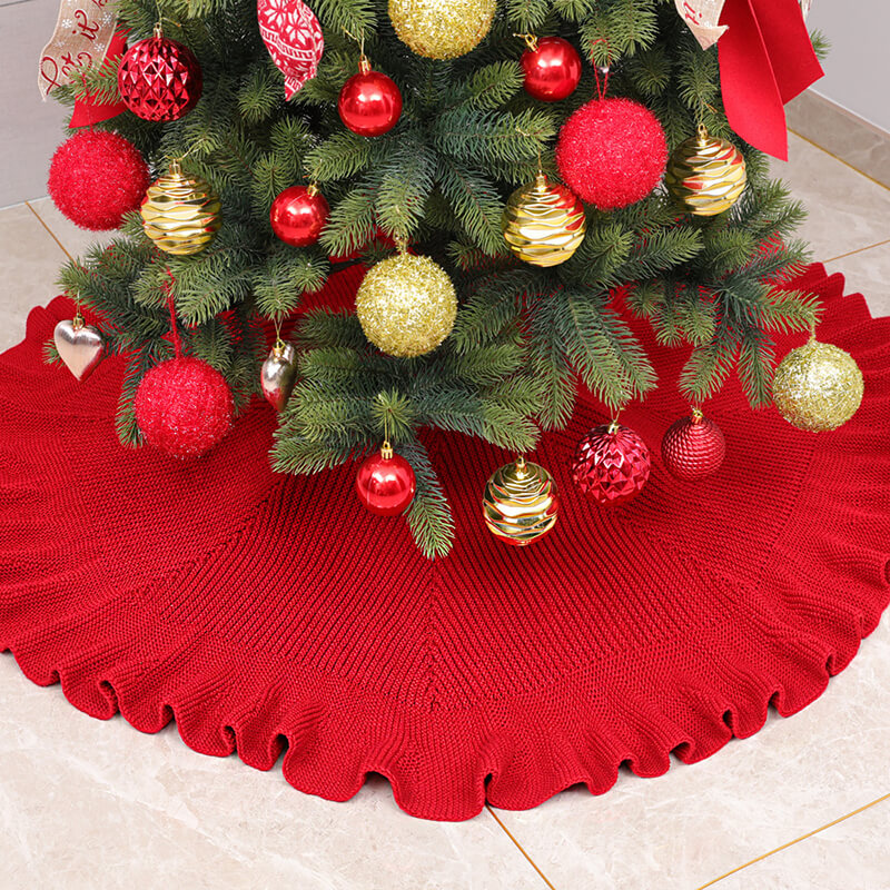 Red Ruffled Knit Tree Skirt Christmas Tree Decoration