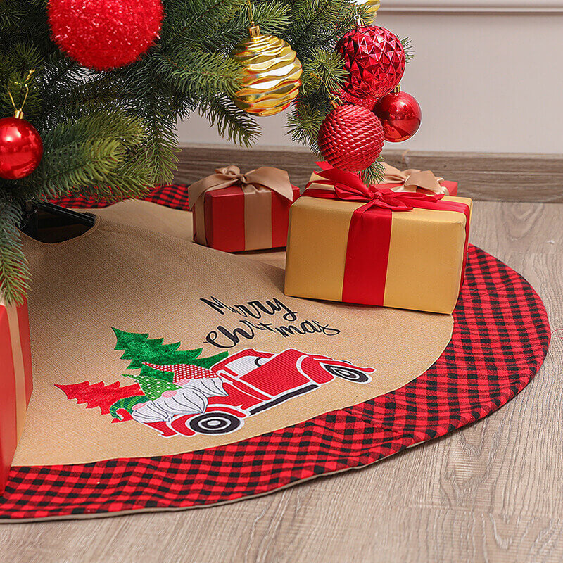 Soft Red and Black Christmas Burlap Tree Skirt for Xmas Party Decoration and Christmas Tree Decor