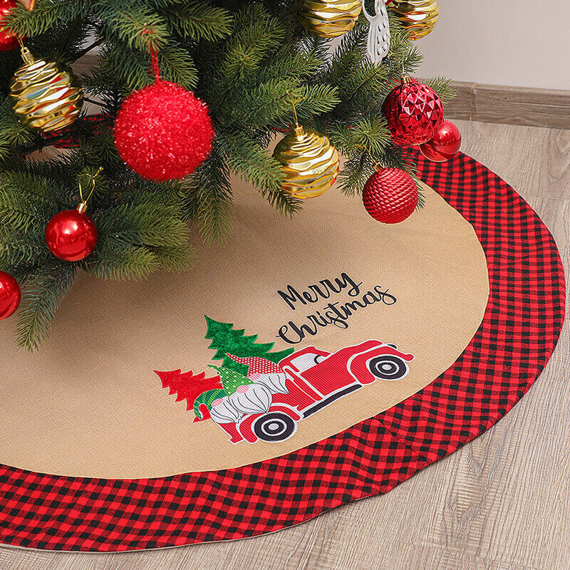 Soft Red and Black Christmas Burlap Tree Skirt for Xmas Party Decoration and Christmas Tree Decor