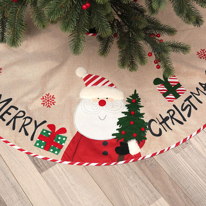 Santa and Snowman Pattern Christmas Burlap Tree Skirt for Xmas Party Decoration and Christmas Tree Decor