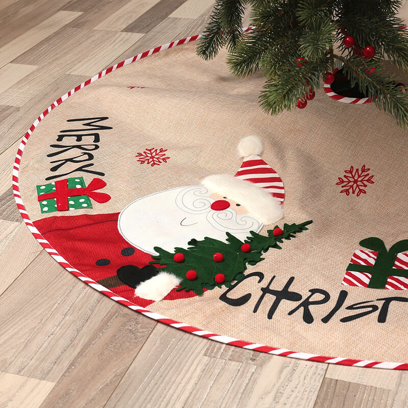 Santa and Snowman Pattern Christmas Burlap Tree Skirt for Xmas Party Decoration and Christmas Tree Decor