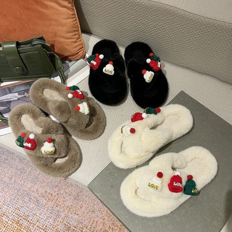 Indoor Platform Furry Cross Band Slippers Of Christmas Elements