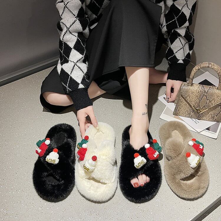 Indoor Platform Furry Cross Band Slippers Of Christmas Elements