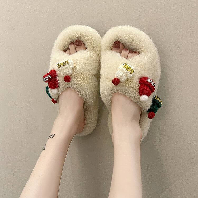 Indoor Platform Furry Cross Band Slippers Of Christmas Elements