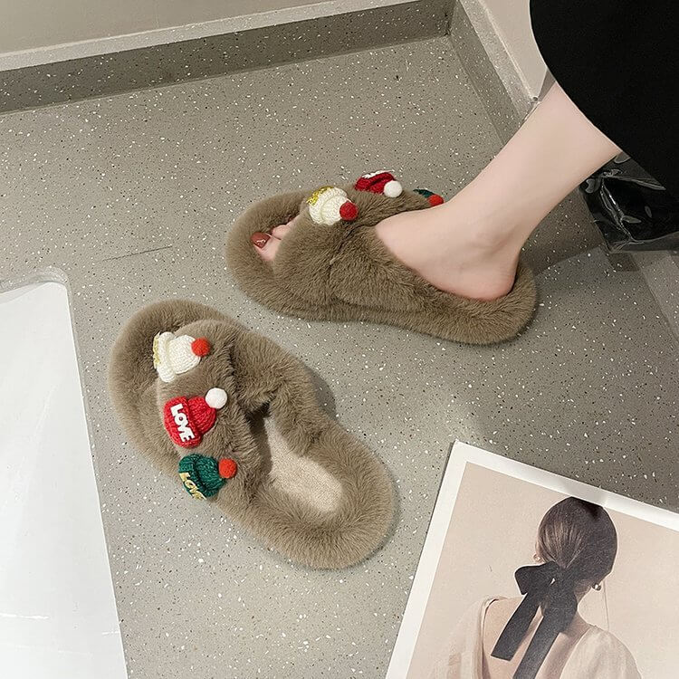 Indoor Platform Furry Cross Band Slippers Of Christmas Elements