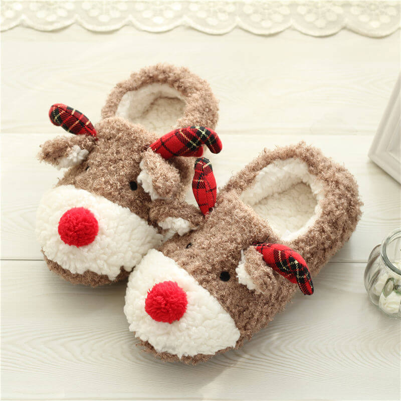 Women's Lovely Fluffy Cartoon Reindeer Christmas Slipper Winter Warm Slipper Indoor Slipper