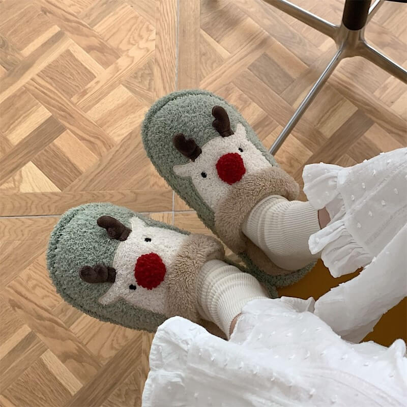 Cute Indoor Plush Slippers Christmas Elk Winter Warm Slippers