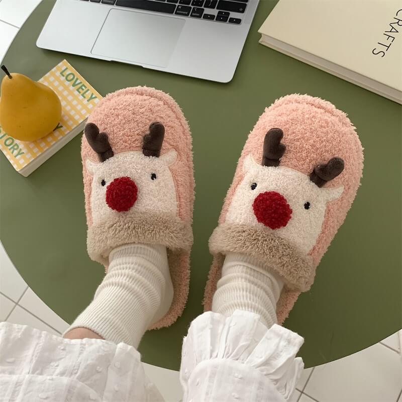 Cute Indoor Plush Slippers Christmas Elk Winter Warm Slippers