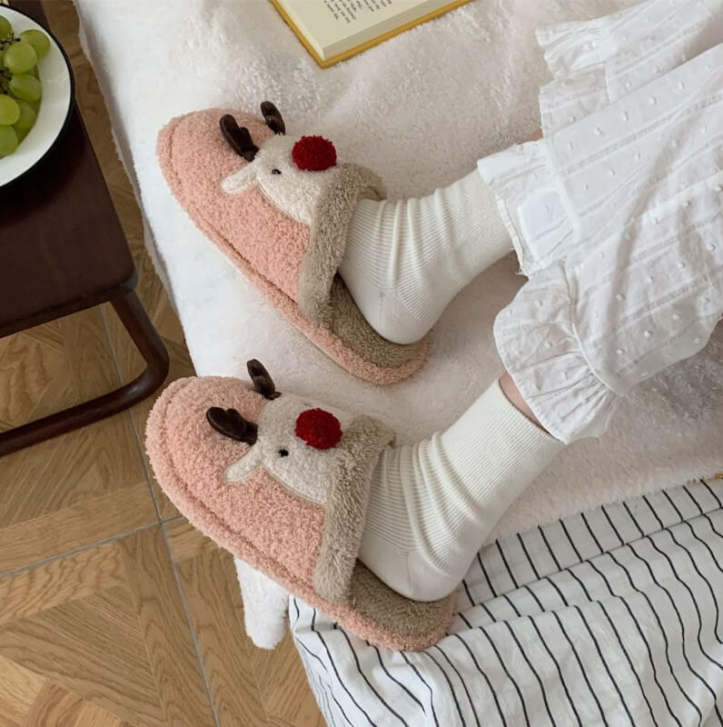 Cute Indoor Plush Slippers Christmas Elk Winter Warm Slippers