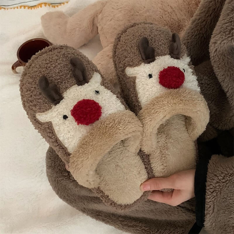 Cute Indoor Plush Slippers Christmas Elk Winter Warm Slippers