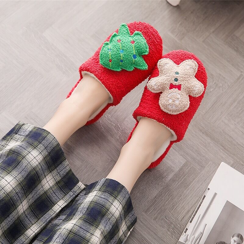 New Non-slip Christmas Gingerbread Man Christmas Tree Plush Slippers