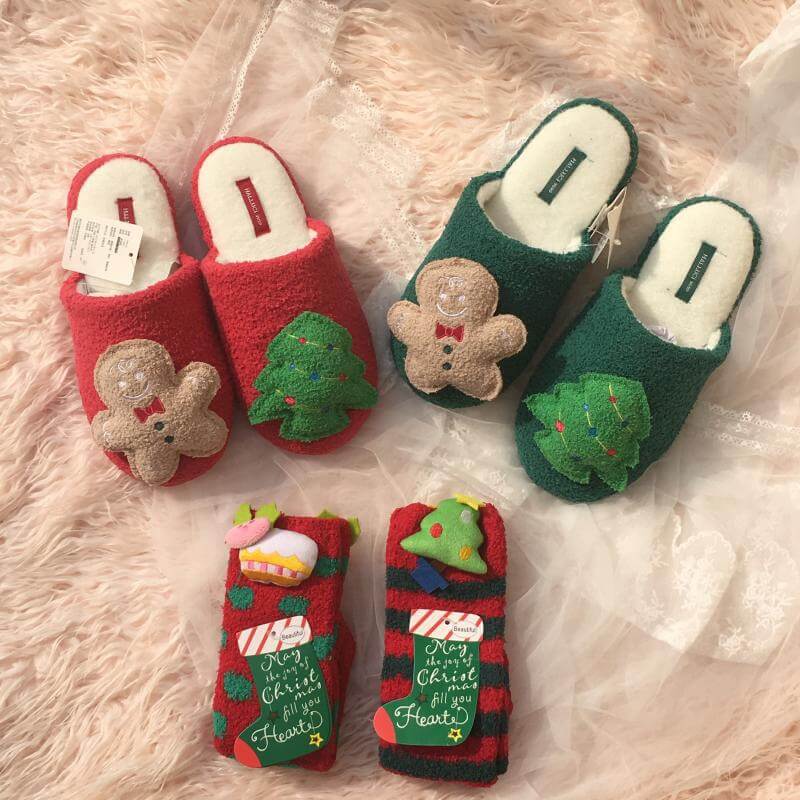 New Non-slip Christmas Gingerbread Man Christmas Tree Plush Slippers