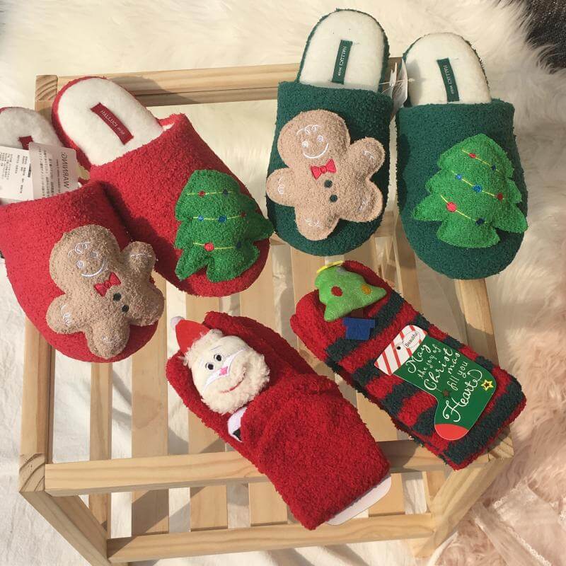 New Non-slip Christmas Gingerbread Man Christmas Tree Plush Slippers