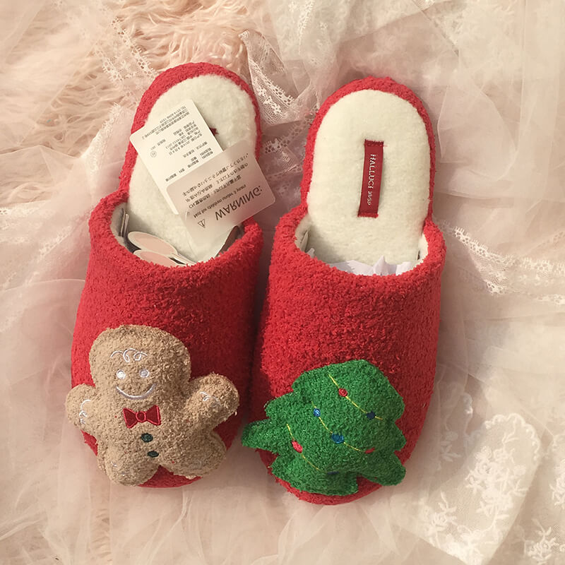 New Non-slip Christmas Gingerbread Man Christmas Tree Plush Slippers