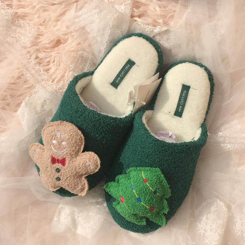 New Non-slip Christmas Gingerbread Man Christmas Tree Plush Slippers