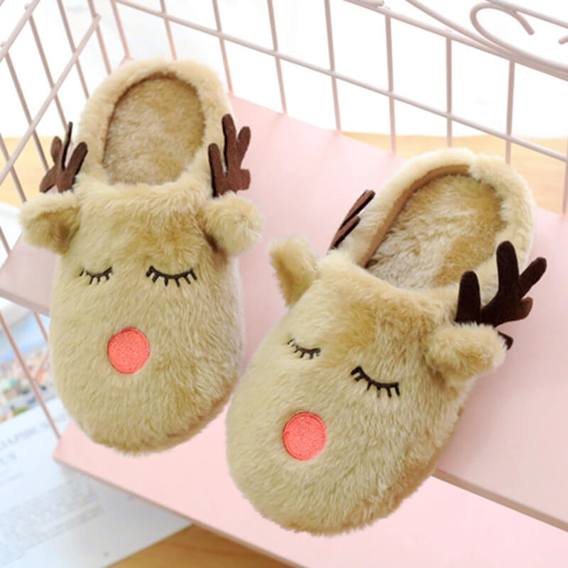 Christmas Cartoon Elk Plush Slippers Package, Thick Bottom Non-slip Slippers