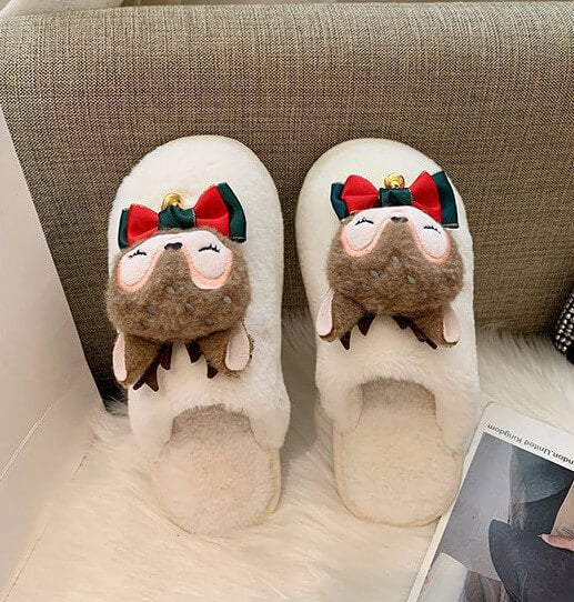 Cute Slippers Winter Warm Cartoon Animals Slippers Slip on Plush House Shoes for Women Christmas