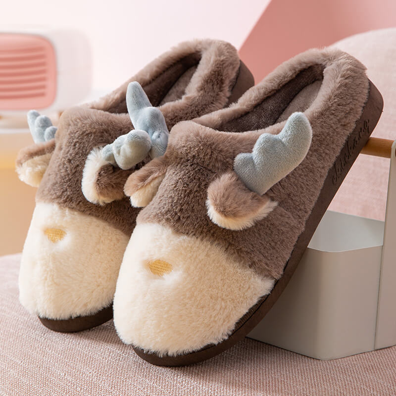 Couple Christmas Antlers Cute Home Thick Bottom Warm Slippers