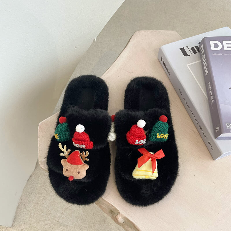 Christmas Plush Slippers Indoor and Outdoor Flat-bottomed Warm Slippers