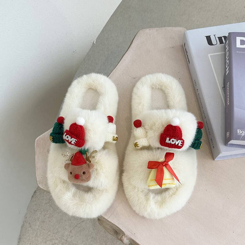 Christmas Plush Slippers Indoor and Outdoor Flat-bottomed Warm Slippers